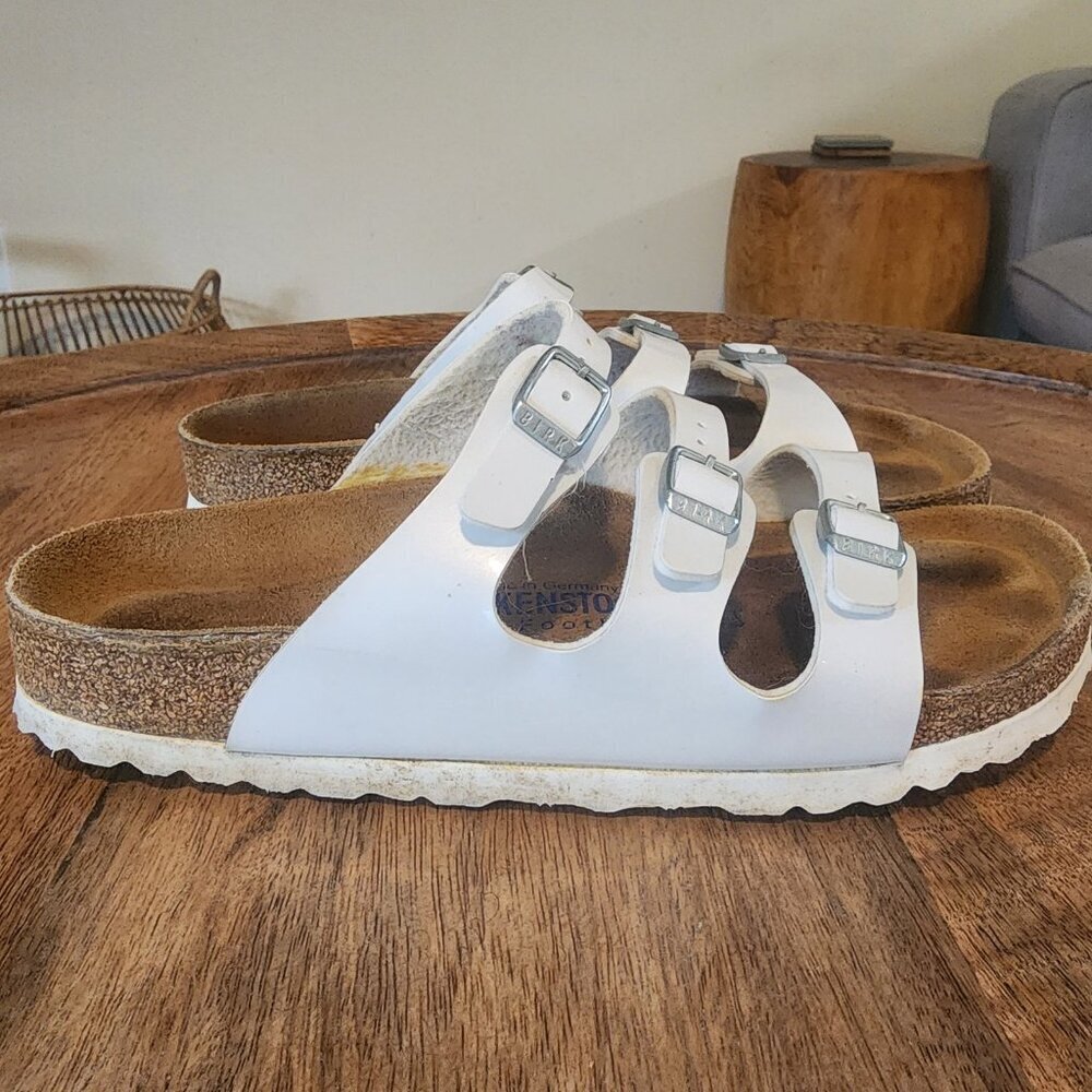 Birkenstock White  Leather Florida 3 Buckle Slide Sandals Womens 6 / EU 39